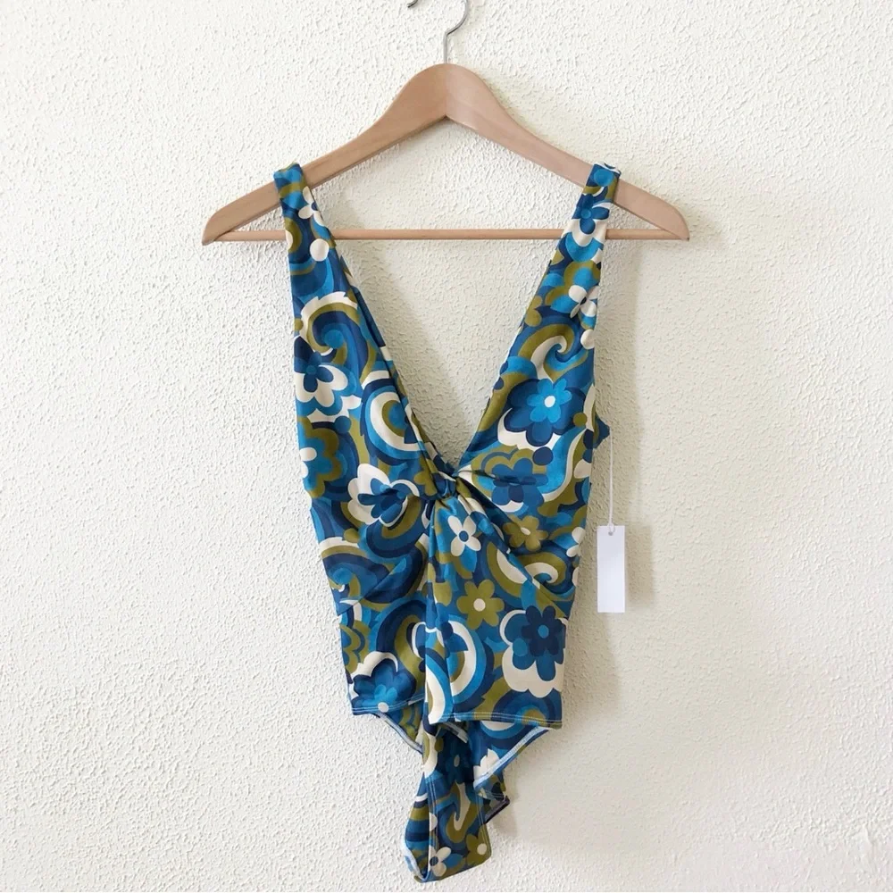 Blue Floral One-Piece Swimsuit with Front Twist
